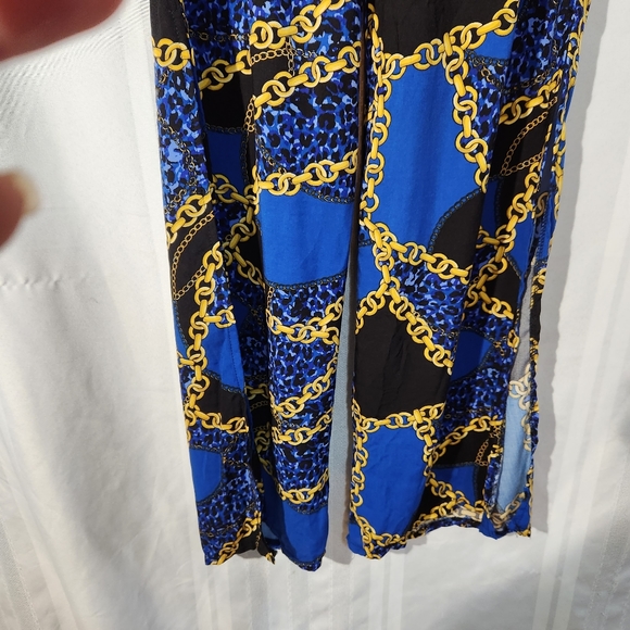 NEW LOOK BLUE/GOLD CHAIN SPLIT HEM HIGH WAIST TROUSERS SIZE LARGE - Picture 6 of 16